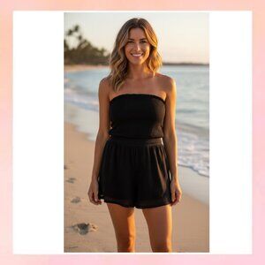 Dotti Black Strapless Smocked Waist Mesh Romper - NWT
